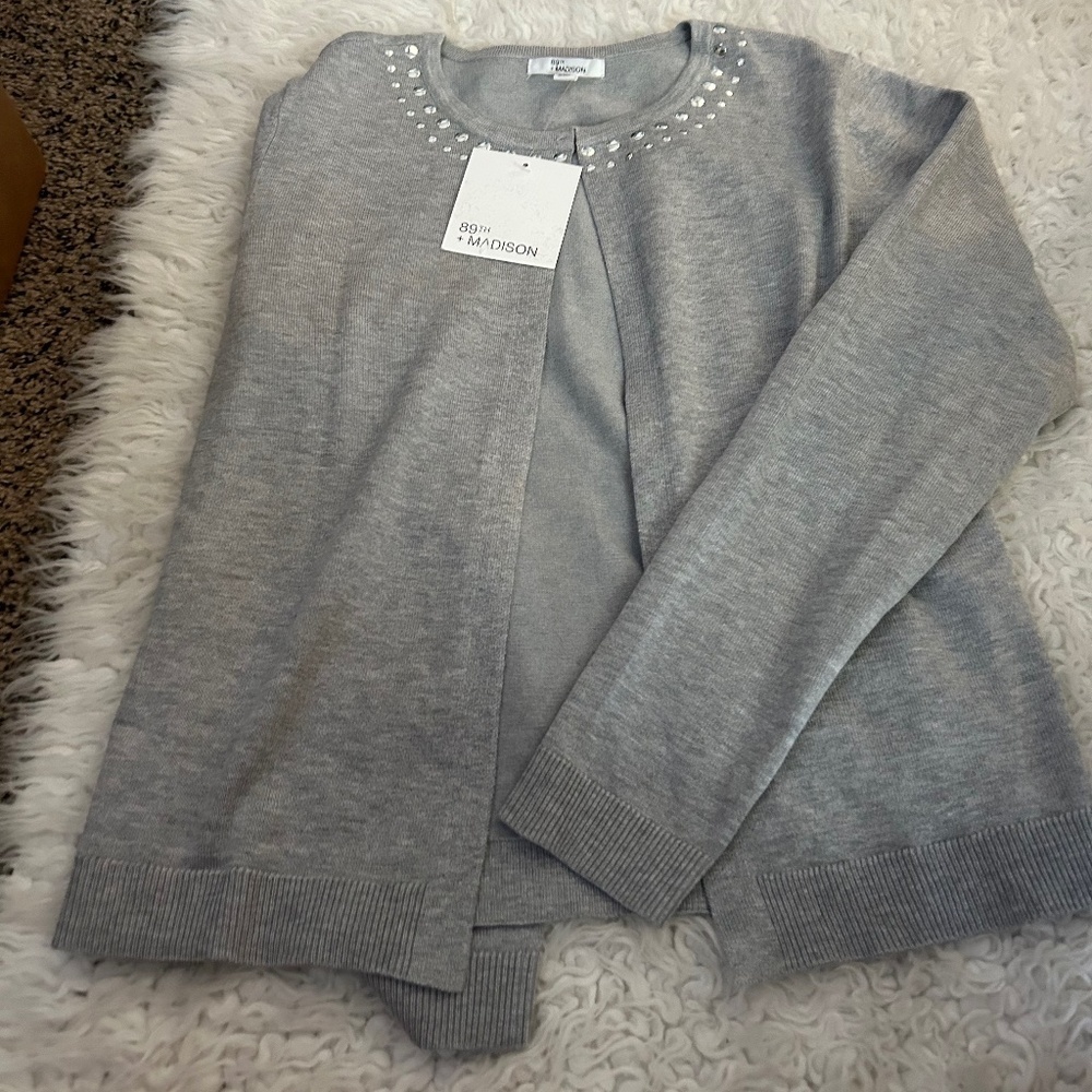 $19 Christmas sale New 89th & Madison Sweater open Cardigan gray Silver bling